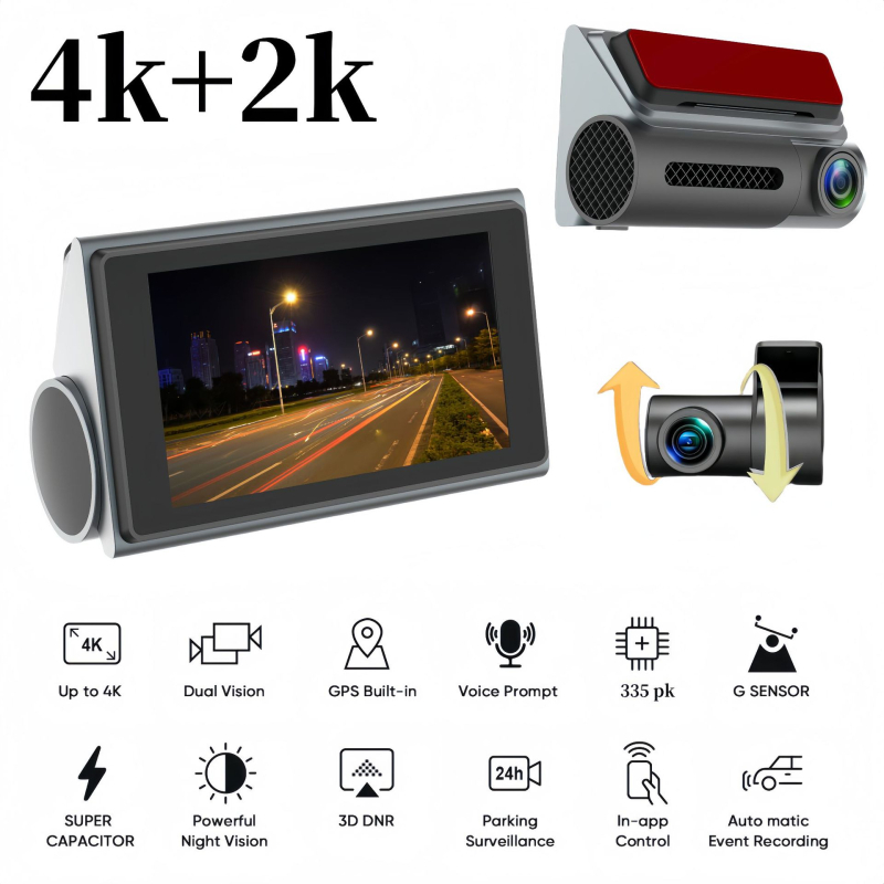 4K 3-inčna dash kamera s dvostrukim objektivom, prednja i stražnja snimka, Wi-Fi, GPS, ugrađeni retrovizor