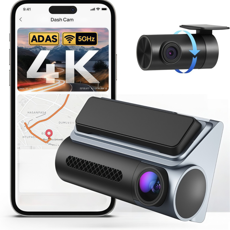 4K 3-inčna dash kamera s dvostrukim objektivom, prednja i stražnja snimka, Wi-Fi, GPS, ugrađeni retrovizor