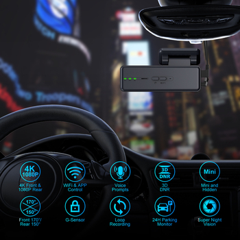 Dash kamera s prednjim i stražnjim snimanjem, bez zaslona, Wi‑Fi, noćni prikaz 4K+1080P, 160° široki kut, montaža na vjetrobran
