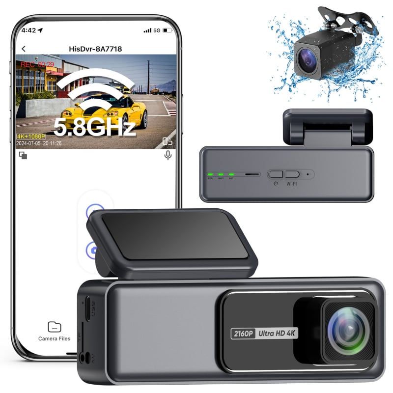 Dash kamera s prednjim i stražnjim snimanjem, bez zaslona, Wi‑Fi, noćni prikaz 4K+1080P, 160° široki kut, montaža na vjetrobran