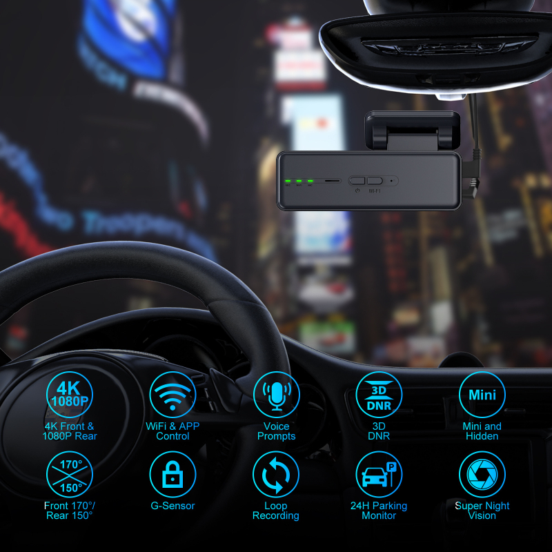 Dash kamera s prednjim i stražnjim snimanjem, bez zaslona, Wi‑Fi, noćni prikaz 4K+1080P, 160° široki kut, montaža na vjetrobran