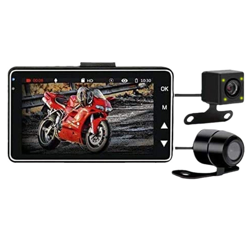 Dvodijelni moto DVR s prednjom i stražnjom kamerom, 720p, 3,0-inčni zaslon, 140° kut gledanja, USB 2.0, TF karta