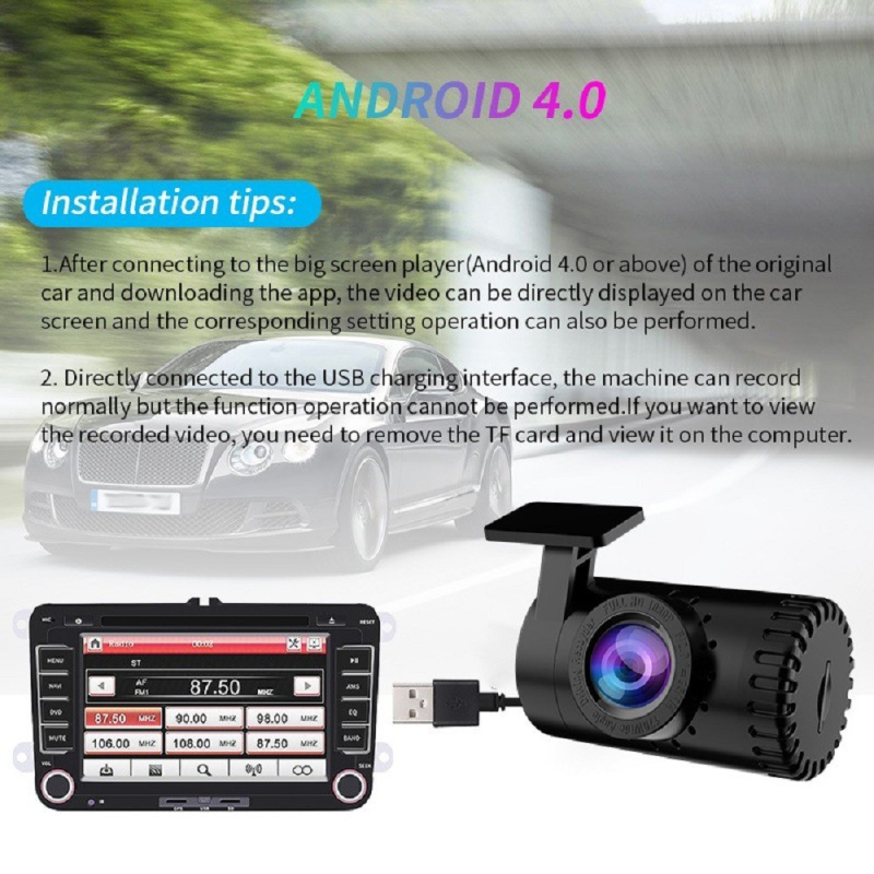 Android autós dash cam ADAS-szal, 140° látószög, 8 MP fénykép, 720p videó, ciklusos felvétel