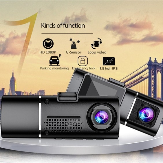 Autóba szánt dash kamera dupla felvétellel elöl és belül, éjszakai látás, 1,5 Hüvelykes kijelző, 1080p, 140°-os látószög