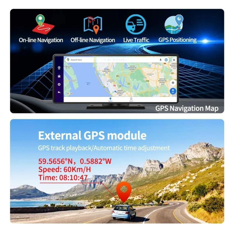 Android dash cam s 10-inčnim zaslonom osjetljivim na dodir, prednji i stražnji snimak 1080p, 170° kut gledanja, 4G povezivost, GPS navigacija s CarPlay