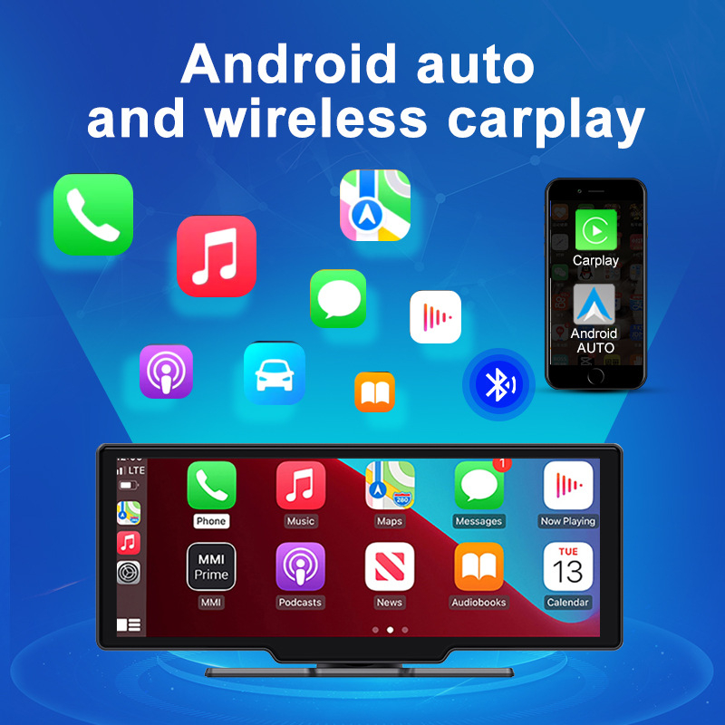 Android dash cam s 10-inčnim zaslonom osjetljivim na dodir, prednji i stražnji snimak 1080p, 170° kut gledanja, 4G povezivost, GPS navigacija s CarPlay