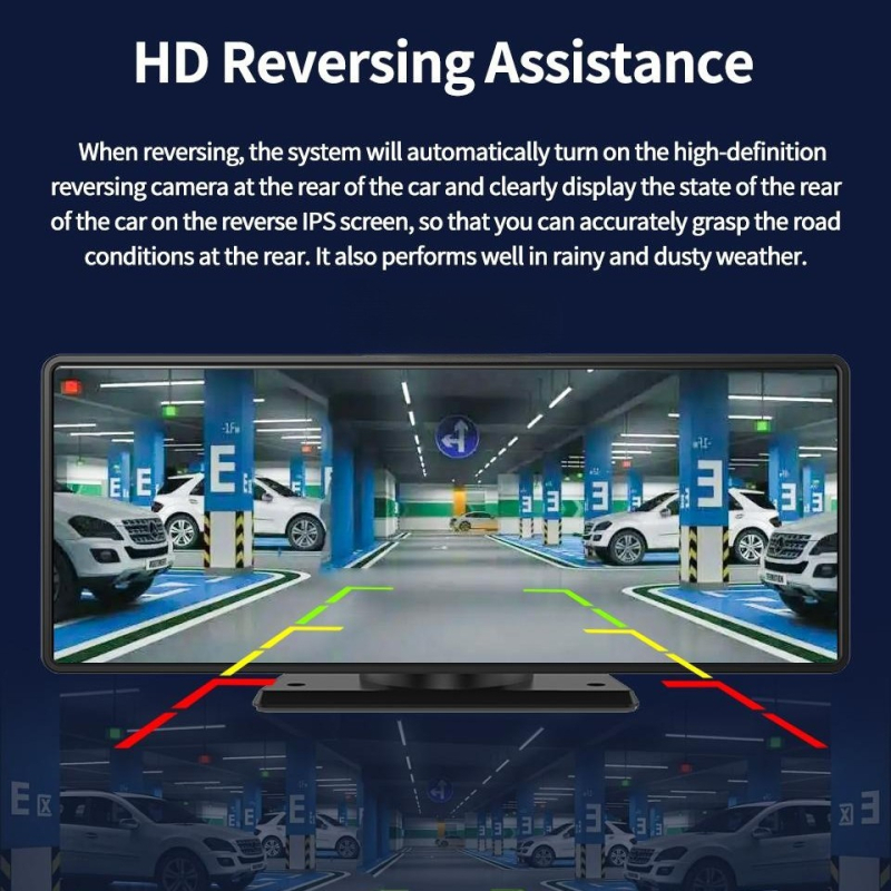 Android dash cam s 10-inčnim zaslonom osjetljivim na dodir, prednji i stražnji snimak 1080p, 170° kut gledanja, 4G povezivost, GPS navigacija s CarPlay