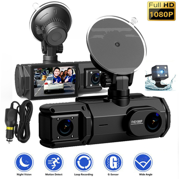 Automobilski DVR s tri objektiva 1080P, prednja i stražnja kamera, Wi‑Fi, 2,0-inčni zaslon