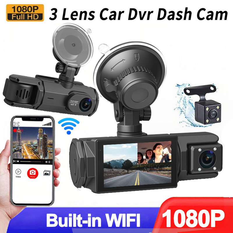 Automobilski DVR s tri objektiva 1080P, prednja i stražnja kamera, Wi‑Fi, 2,0-inčni zaslon