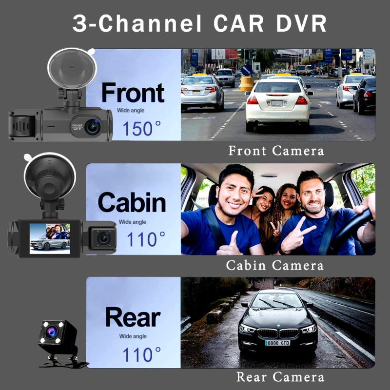 Automobilski DVR s tri objektiva 1080P, prednja i stražnja kamera, Wi‑Fi, 2,0-inčni zaslon