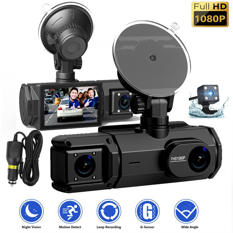 Automobilski DVR s tri objektiva 1080P, prednja i stražnja kamera, Wi‑Fi, 2,0-inčni zaslon