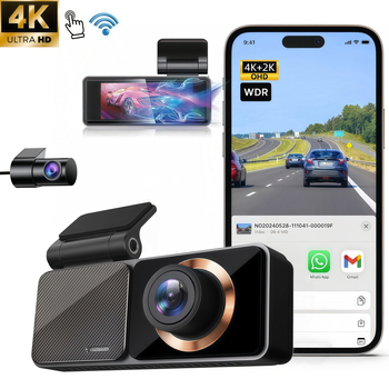 Camera de bord auto 4K, obiectiv dual, unghi 170°, Wi‑Fi, 2160p vedere de noapte