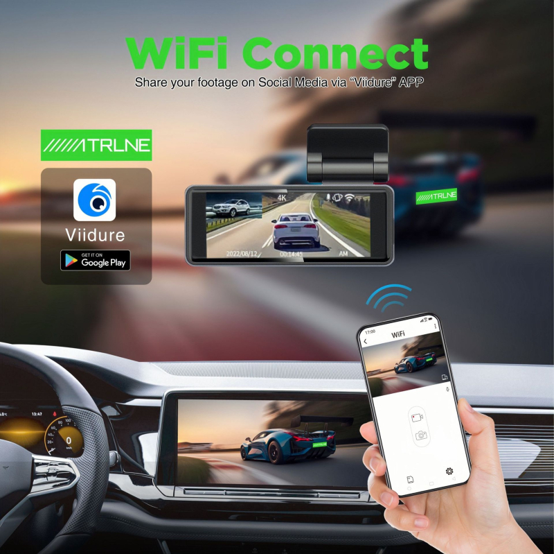 Camera de bord auto 4K, obiectiv dual, unghi 170°, Wi‑Fi, 2160p vedere de noapte