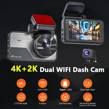 Dvokanalna dash kamera: prednja 4K, stražnja 2K, noćni način, 3-inčni zaslon, Wi‑Fi, mobilna povezanost, nadzor parkiranja