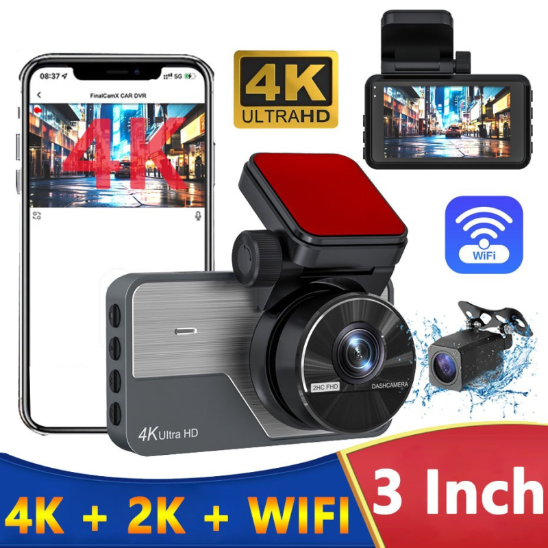 Dvokanalna dash kamera: prednja 4K, stražnja 2K, noćni način, 3-inčni zaslon, Wi‑Fi, mobilna povezanost, nadzor parkiranja