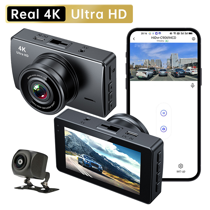 Dvostruka prednja i stražnja kamera za automobil, 2160p video, 170° širok kut, ciklično snimanje, Wi‑Fi
