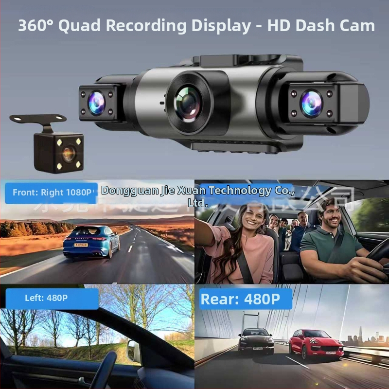 Skriveni auto DVR s četiri objektiva, 360° snimanje (prednja, unutarnja i stražnja kamera), IPS 1080p, loop snimanje, USB prijenos