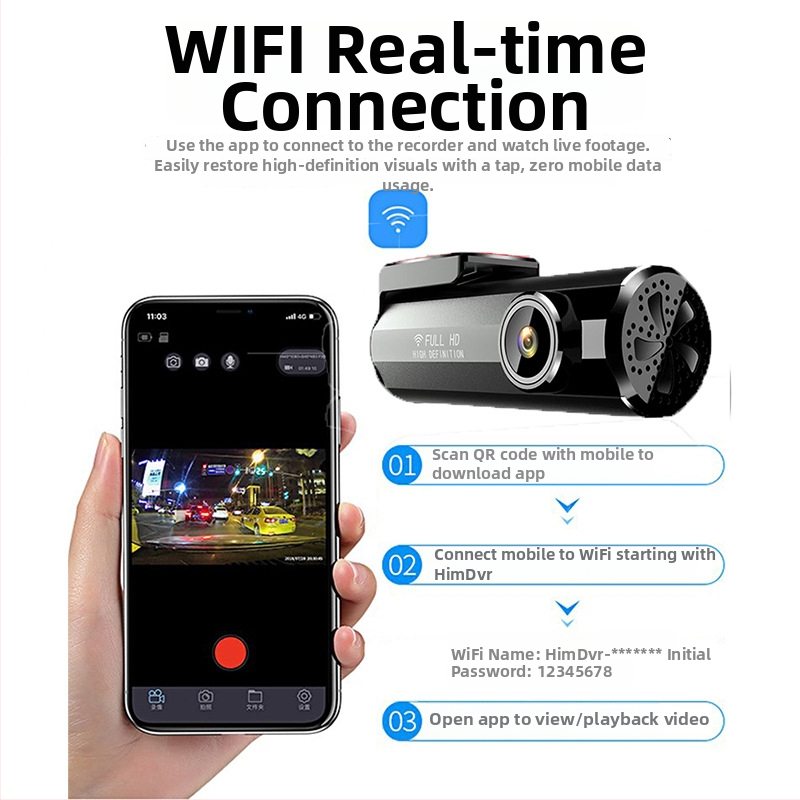 Automobilska kamera s Wi‑Fi, 1080p, 140° kut, montaža na prednje staklo, podrška TF kartici