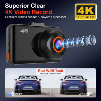 4K dash cam s prednjim i stražnjim dvostrukim lećama, 3,0-inčni zaslon, Wi‑Fi, ciklično snimanje