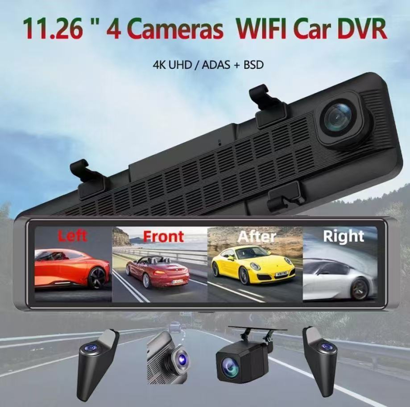 Stražnje ogledalo dash cam s BSD 360°, ADAS, 4K snimanje, 4-kanalni video, dodirni zaslon, Wi‑Fi