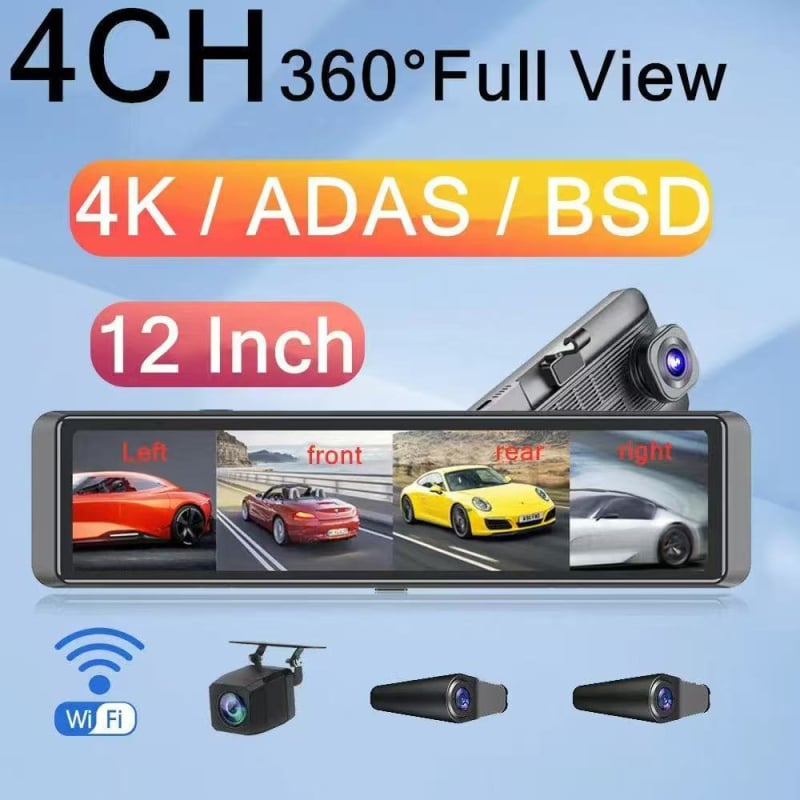 Stražnje ogledalo dash cam s BSD 360°, ADAS, 4K snimanje, 4-kanalni video, dodirni zaslon, Wi‑Fi