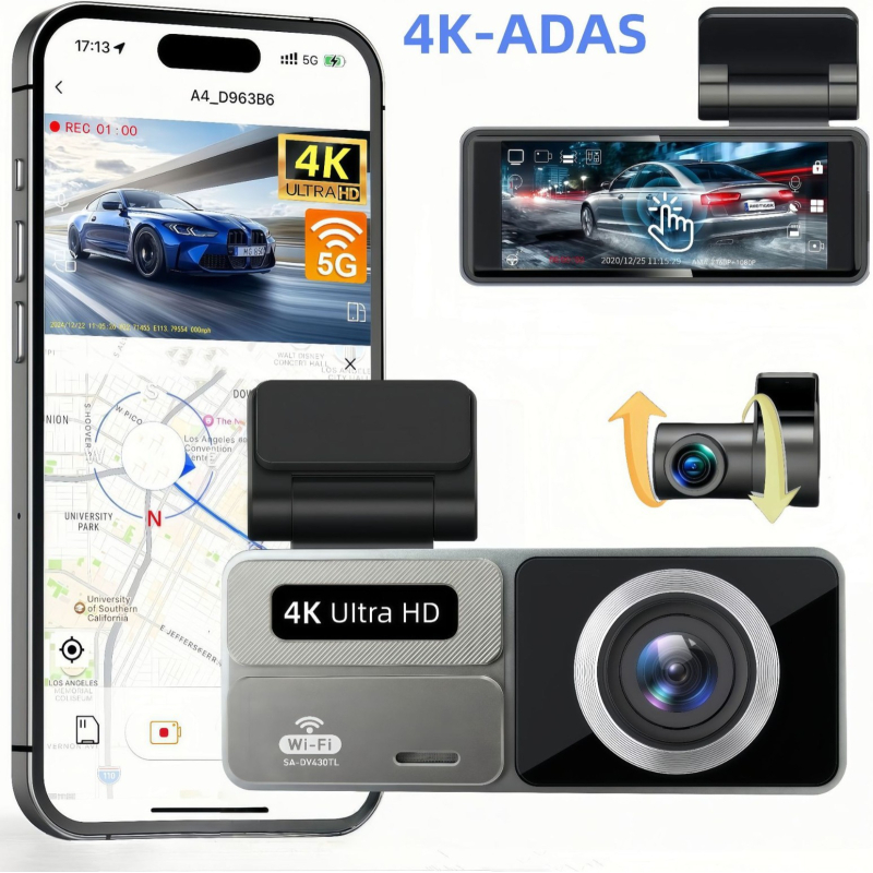 Autó Dash Cam ADAS-sal, 4K+2K, elő- és hátsó felvétel, Wi‑Fi, 170° látószög