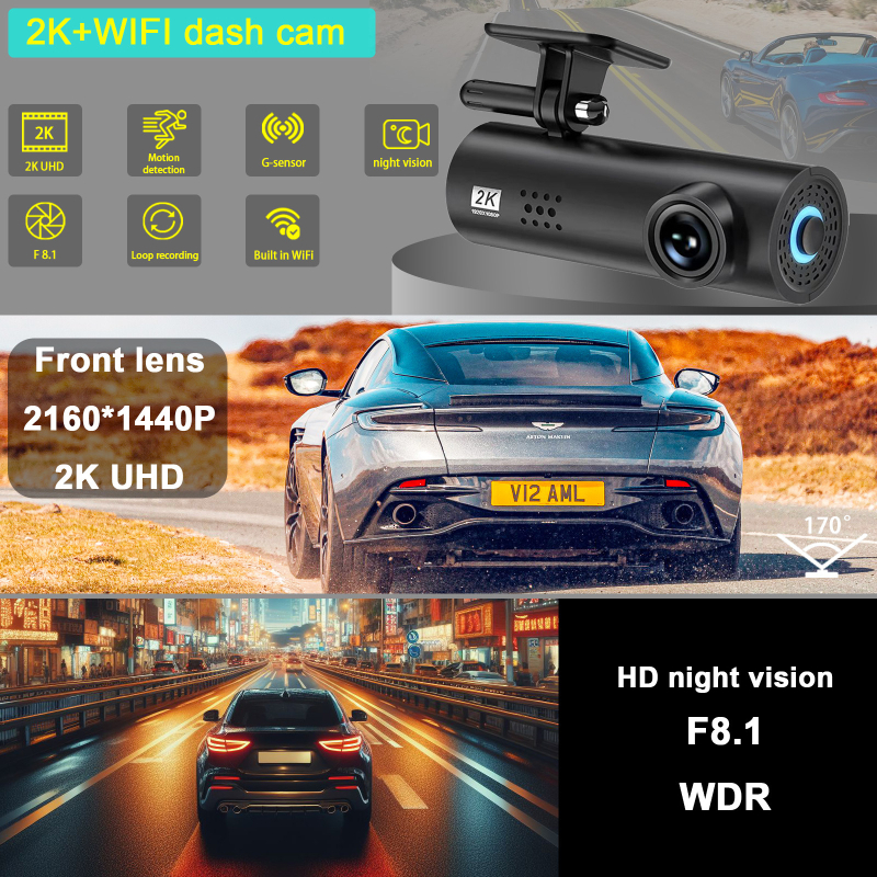 Automobilska dash kamera s Wi‑Fi, 2K HD, noćni vid, 170° široki kut, 24-satno praćenje parkiranja