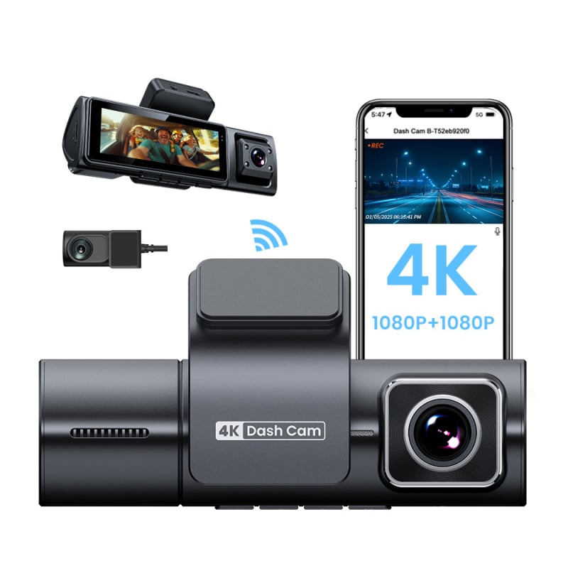 4K dash kamera s tri objektiva, Wi‑Fi, 170° široki kut, 256GB microSD, kružno snimanje