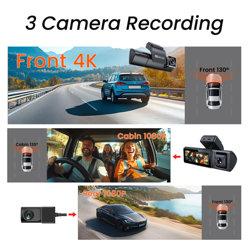 4K dash kamera s tri objektiva, Wi‑Fi, 170° široki kut, 256GB microSD, kružno snimanje