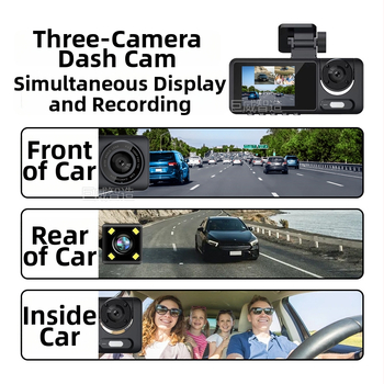 Automobilska kamera s tri objektiva, 2-inčni zaslon, 1080P noćno snimanje, prednji i stražnji zapis uz Wi‑Fi