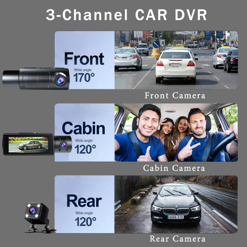 Yuecai dash cam s tri objektiva, 3,16 inčni HD 1080p zaslon i prikaz slike za vožnju unatrag