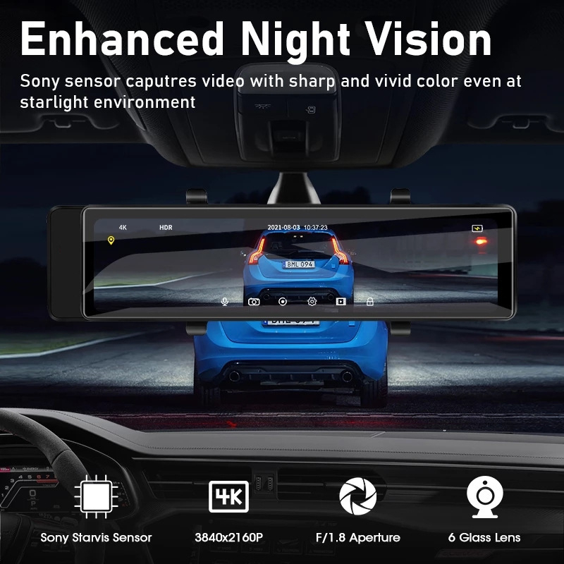 Automobilska dash cam s dvostrukim snimanjem 4K prednja i stražnja, GPS, 170° kut gledanja, TF kartica, otvor blende F1.8