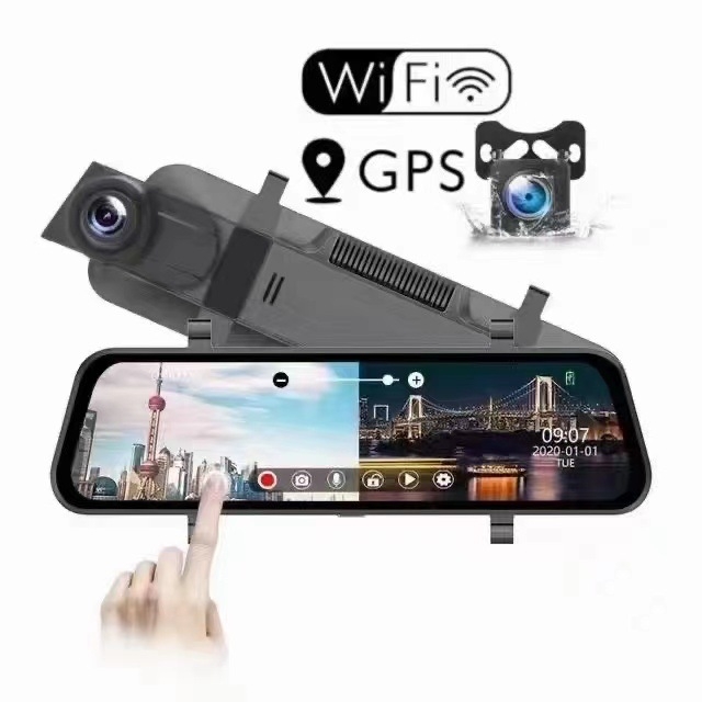 10-inčna dash kamera za automobil s dvostrukim snimanjem i zrcalom za retrovizor, HD 1080p, Wi‑Fi, GPS, 16GB TF kartica