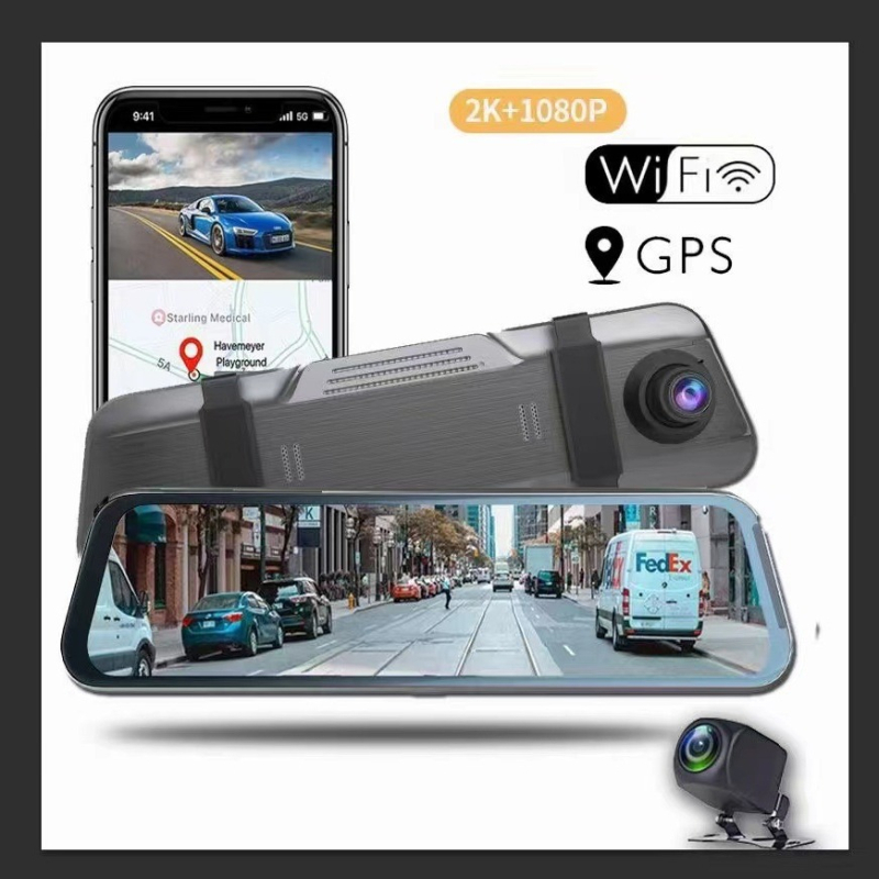 10-inčna dash kamera za automobil s dvostrukim snimanjem i zrcalom za retrovizor, HD 1080p, Wi‑Fi, GPS, 16GB TF kartica