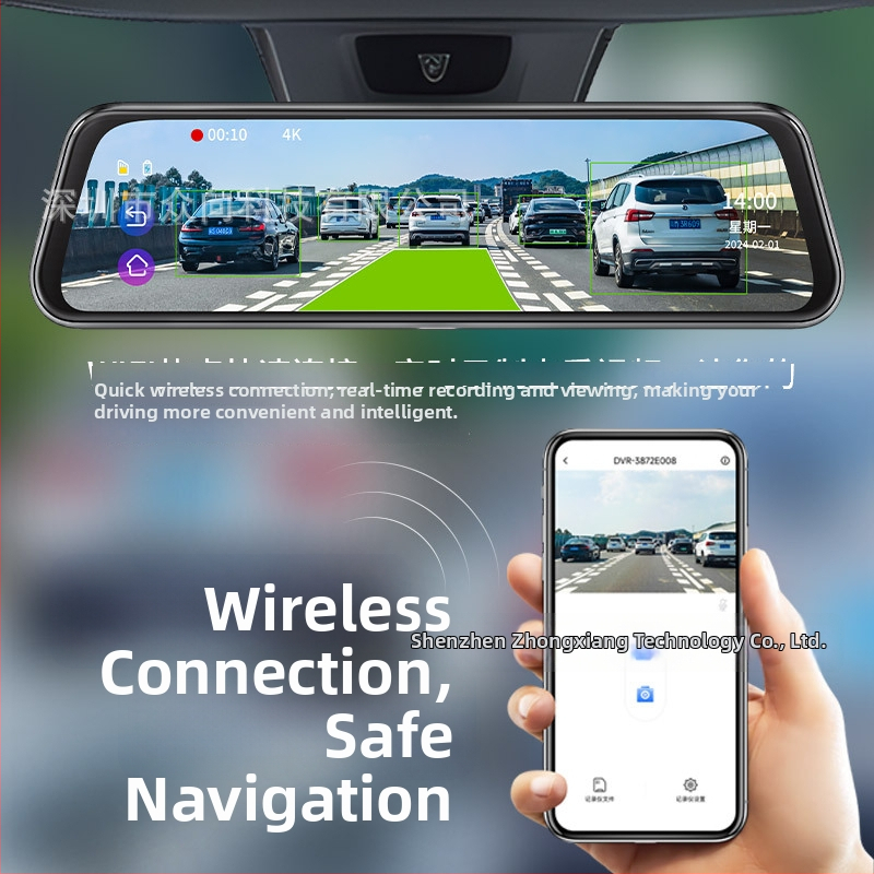 Ogledalo za retrovizor s dash camom, dvostruko snimanje prednje i stražnje kamere, 2160P, noćno snimanje, 160° kut gledanja, Wi-Fi