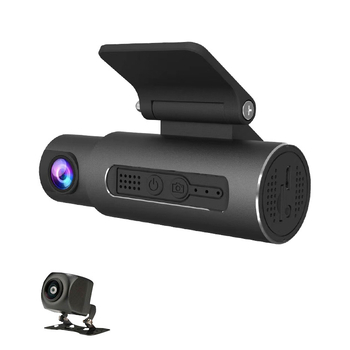 T3 automobilni DVR s tri kamere za unutrašnjost i vanjštinu, WiFi i APP povezanost, 140° široki kut, 5 MP senzor, podržava TF karticu do 128 GB, cikličko snimanje, napajanje 12-30 V