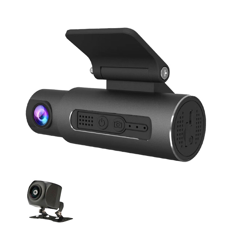 T3 automobilni DVR s tri kamere za unutrašnjost i vanjštinu, WiFi i APP povezanost, 140° široki kut, 5 MP senzor, podržava TF karticu do 128 GB, cikličko snimanje, napajanje 12-30 V