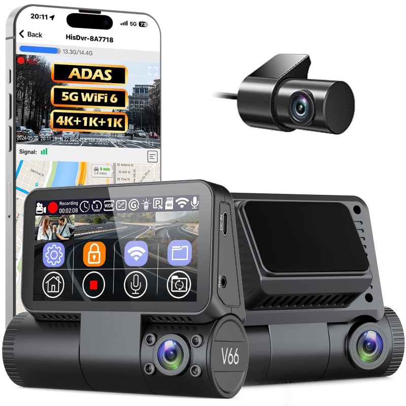 V663 dash cam s dodirnim zaslonom od 3,0 inča, 4K + 1080 + 1080 trostruko snimanje, skriven dizajn, 5G Wi‑Fi, ADAS