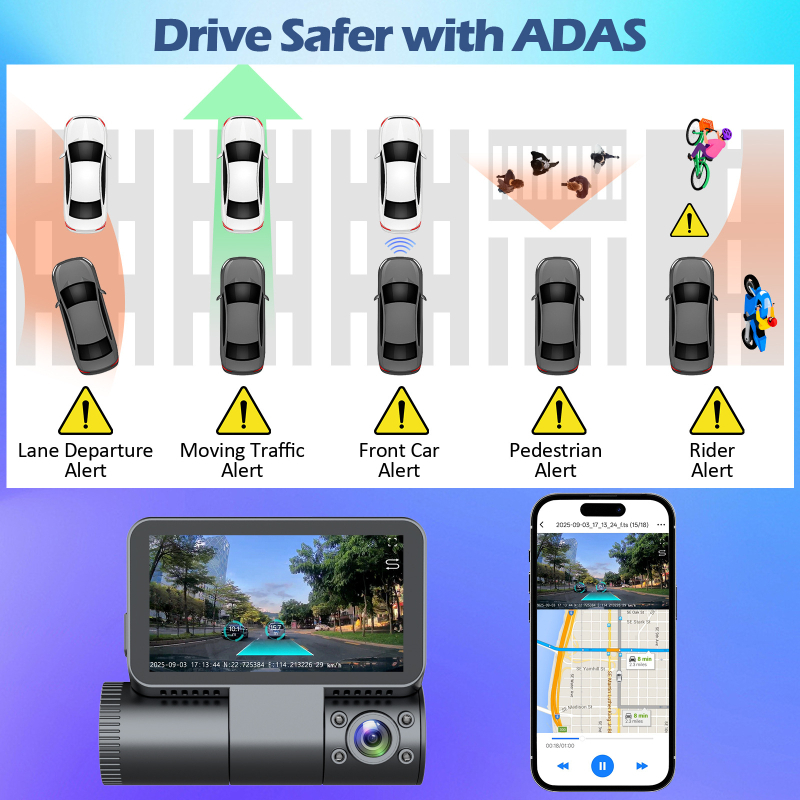 V663 dash cam s dodirnim zaslonom od 3,0 inča, 4K + 1080 + 1080 trostruko snimanje, skriven dizajn, 5G Wi‑Fi, ADAS