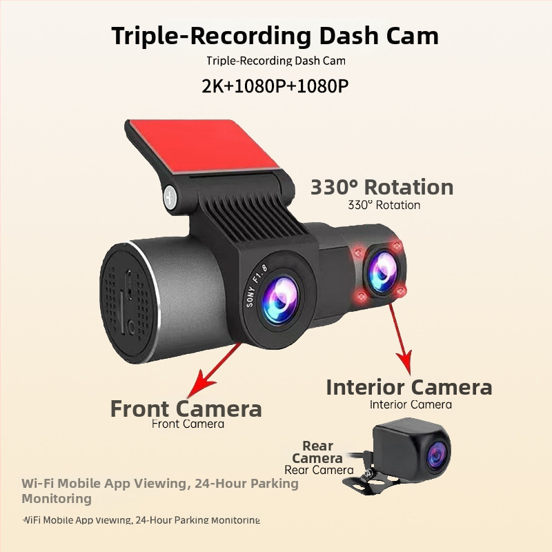 4K háromlencsés, képernyő nélküli autó-dash kamera Wi-Fi-vel, 360° látómező, éjjellátás, parkolás monitorozás és ciklikus felvétel