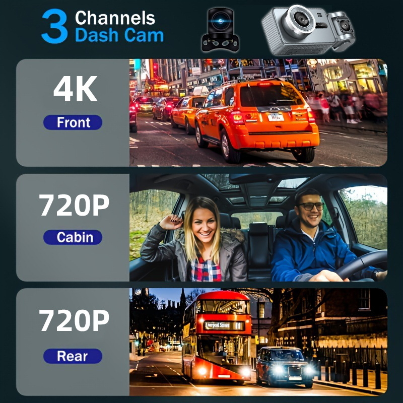 3‑lenteska 4K automobilska dash cam s WiFi, 170° kut gledanja, ciklično snimanje