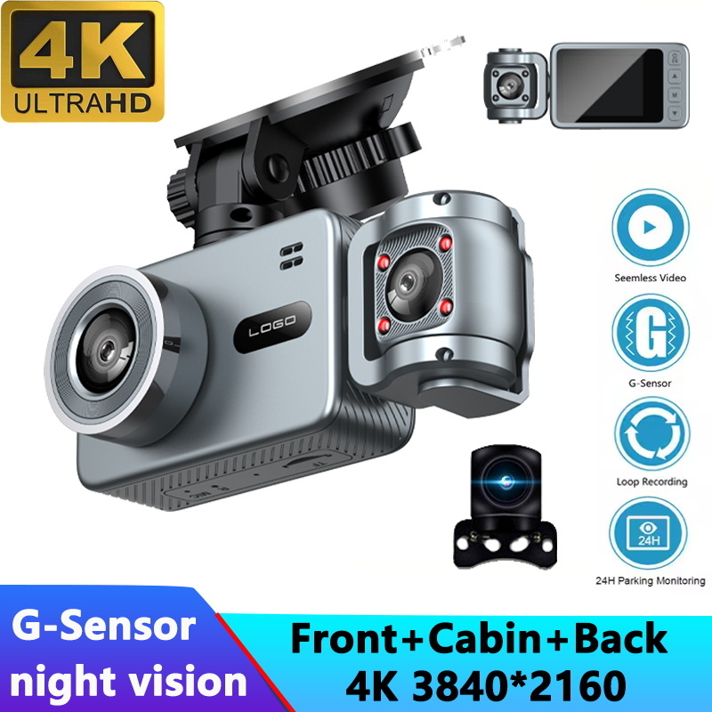 3‑lenteska 4K automobilska dash cam s WiFi, 170° kut gledanja, ciklično snimanje