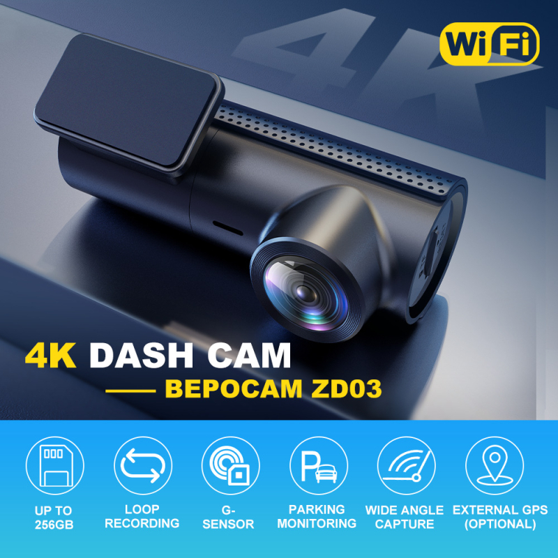 BEPOCAM 4K dash kamera s jednostavnom instalacijom, 170° široki kut, 24/7 nadzor parkiranja, petlja snimanja, Wi-Fi, 256GB, s jednim objektivom, bez zaslona, montaža na vjetrobransko staklo