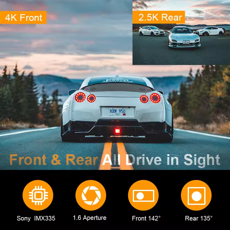 Automobilski DVR 4K prednji i stražnji dvostruki zapis, Wi‑Fi, 2,0-inčni zaslon, 160° kut gledanja, 24-satno praćenje parkiranja