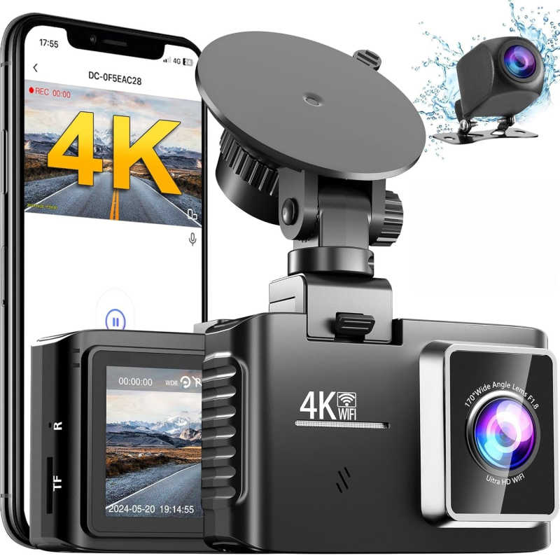 Automobilski DVR 4K prednji i stražnji dvostruki zapis, Wi‑Fi, 2,0-inčni zaslon, 160° kut gledanja, 24-satno praćenje parkiranja