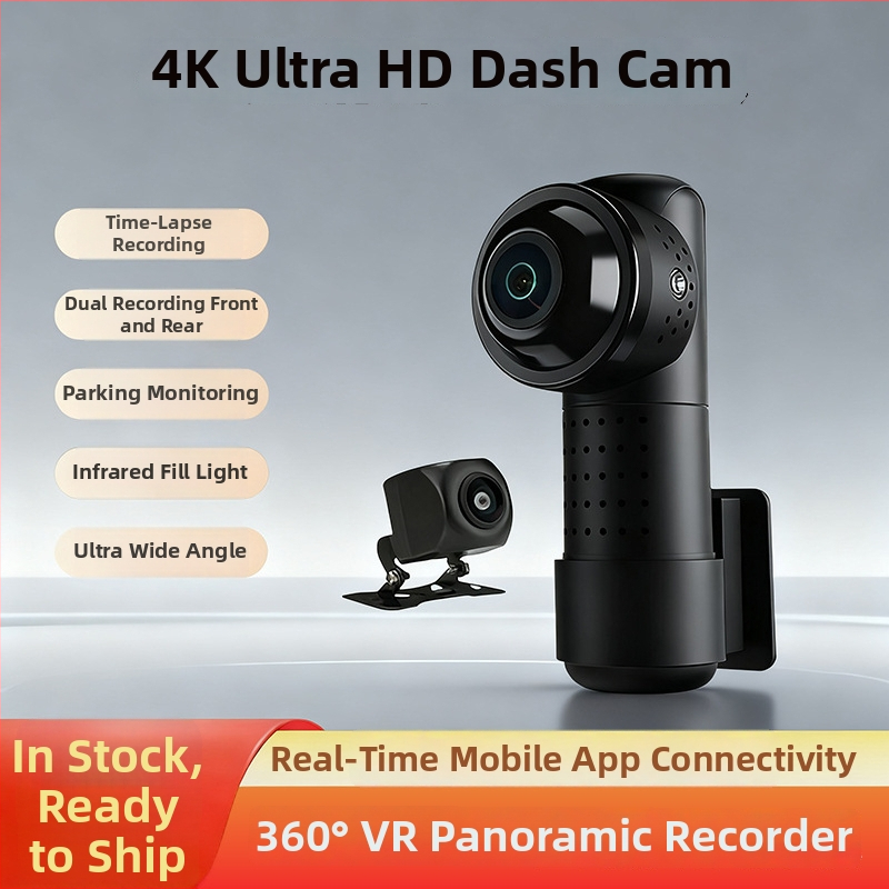 360° panoramska 4K dash kamera s bežičnom aplikacijom, prednja i stražnja dvostruka leća, bez zaslona