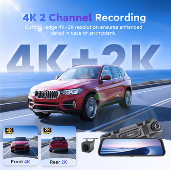 Двуканален автомобилен видеорегистратор: преден 4K / заден 2K, 9,66-инчов тъч екран, WiFi със смарт приложение, 160° зрителен ъгъл, обектив F1.8