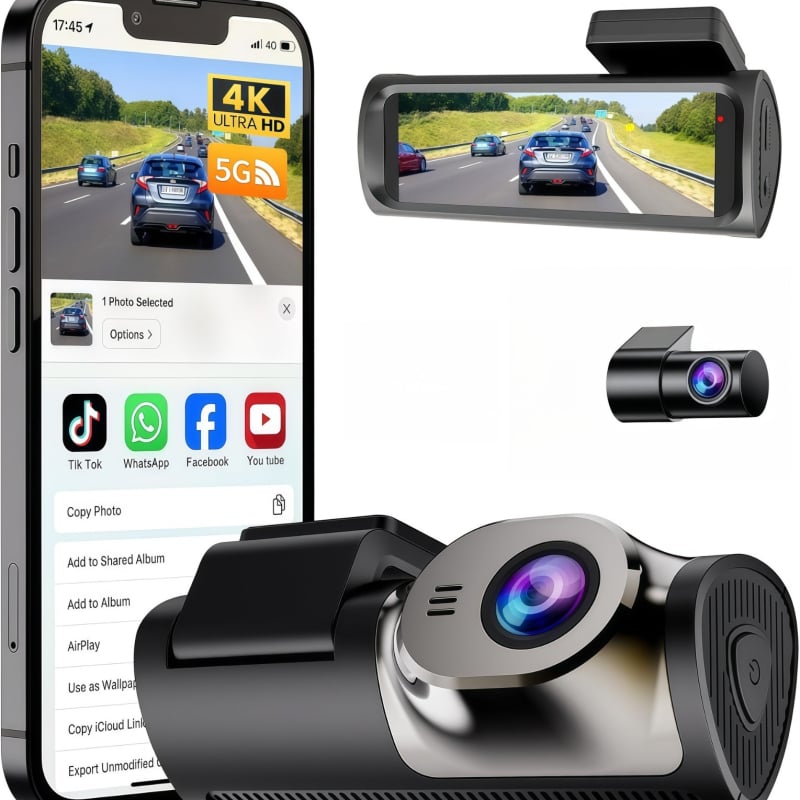 4K autós dash cam, 150°-os széles látószög, kettős felvétel (elöl és hátul), Wi‑Fi, TF-kártya támogatás, okos alkalmazás
