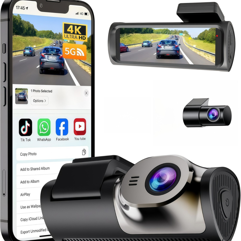 4K autós dash cam, 150°-os széles látószög, kettős felvétel (elöl és hátul), Wi‑Fi, TF-kártya támogatás, okos alkalmazás