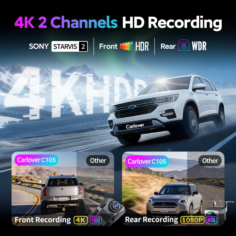 Dash cam 4K Ultra HD, dvostruki objektiv, Wi‑Fi, 170° širok kut gledanja, ciklično snimanje do 256GB microSD